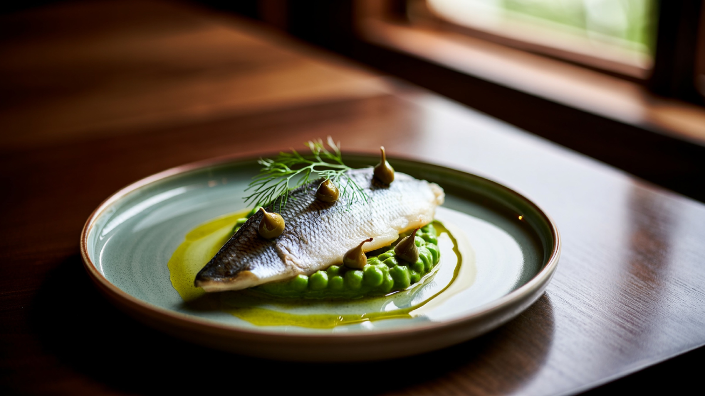 A single elegant plate of sea bass over pea puree, finished with capers and olive oil, in soft restaurant light. The refined, seasonal register the new generation of Greek restaurants is working in.