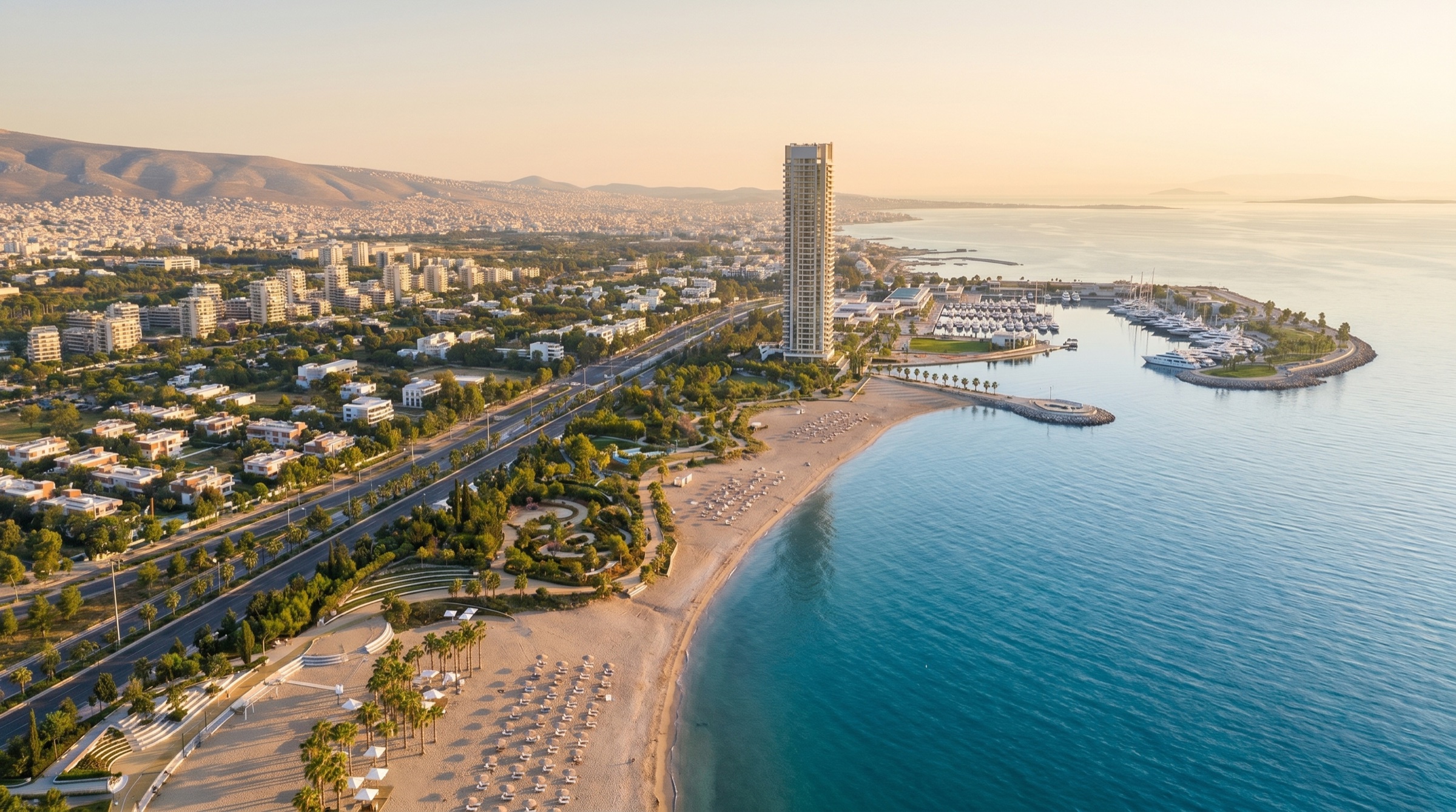 A Mediterranean redeveloped coastline at golden hour: a single slender high-rise residential tower rising from a new seafront, broad public beach with parasols, palm-lined coastal boulevard, marina, the Saronic Gulf and distant Athens hills