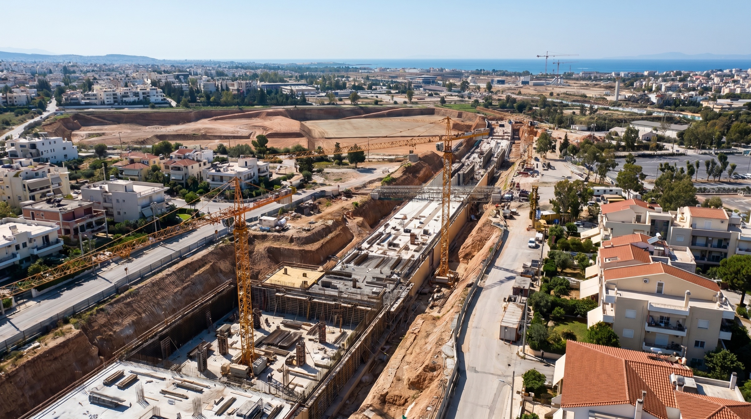 Aerial view of an active large-scale Mediterranean urban construction site with tower cranes, foundation embankments and earthworks across a cleared site, surrounding low-rise neighbourhoods and the coastline in the distance