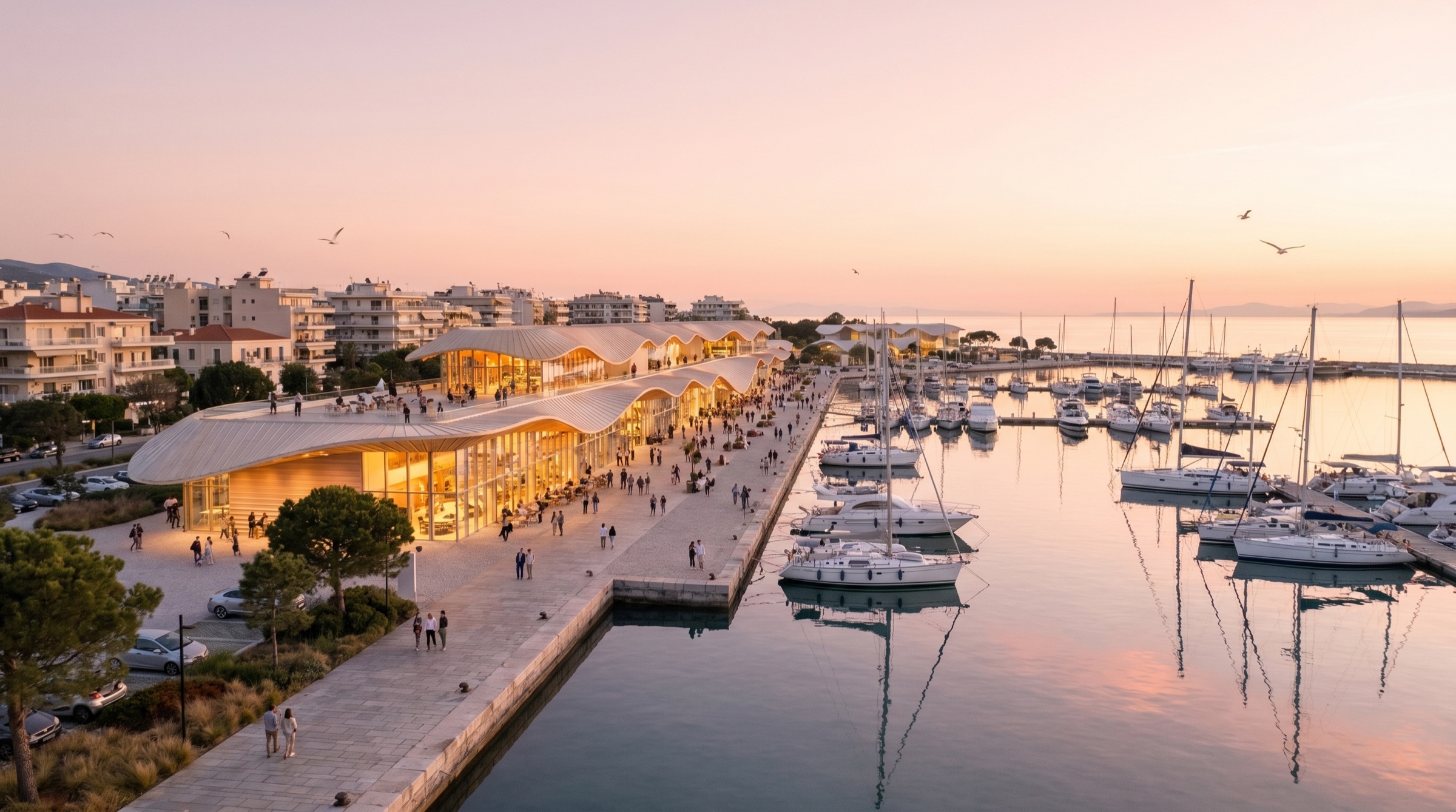 A contemporary curved-canopy seafront pavilion at golden hour, marina of white sailing yachts, public stone promenade with walkers, low-rise residential frontage and the dusk sky reflected in the calm Saronic water
